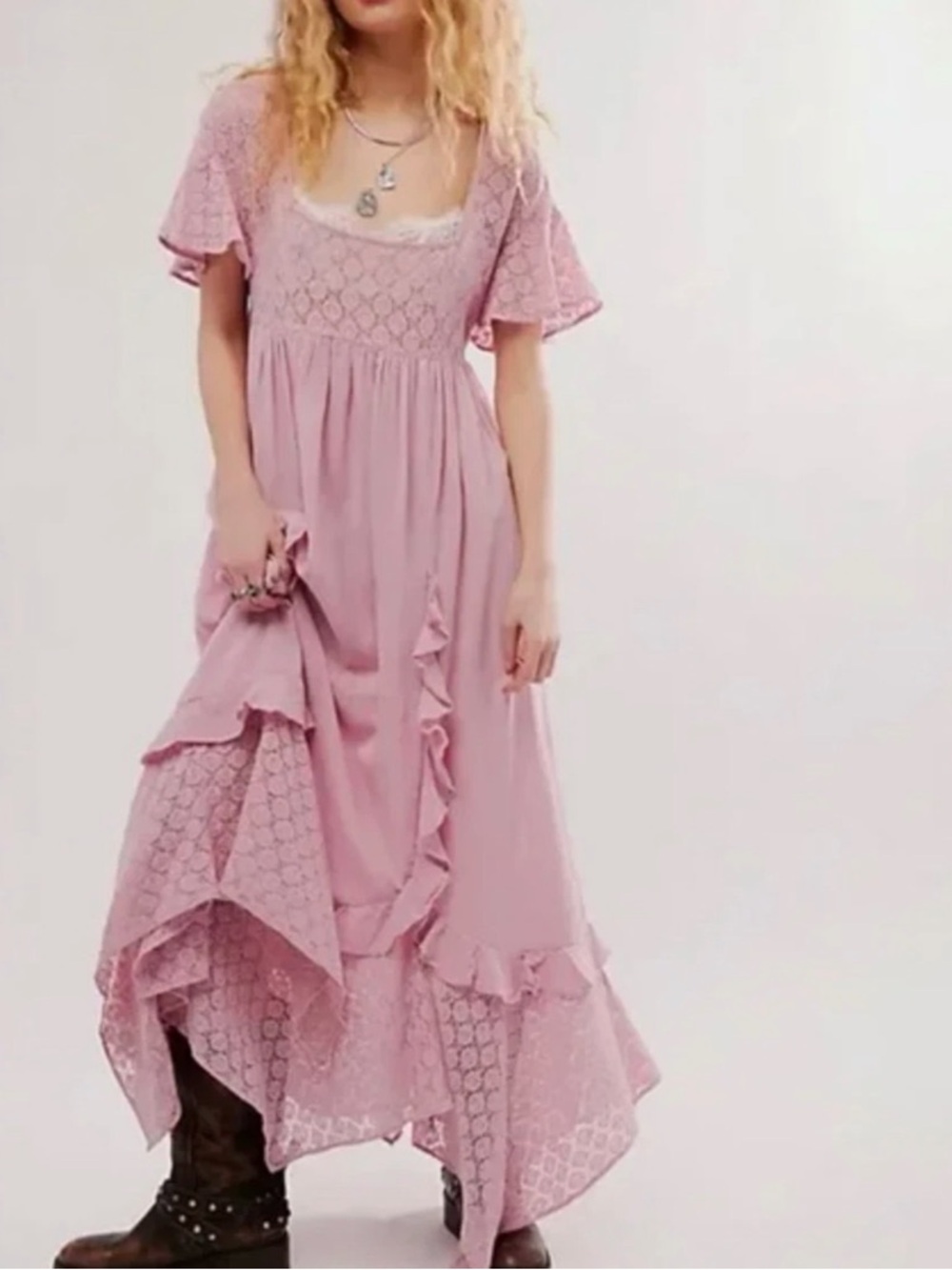 Free People Bring The Romance Midi Pink Flutter Sleeve Ethereal Dress XL - Picture 2 of 5